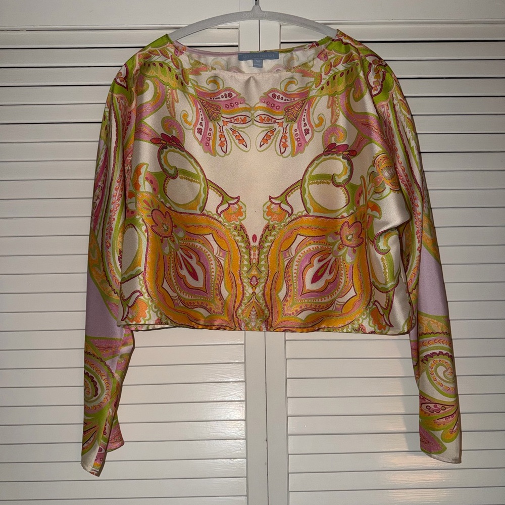 ANTONIO MELANI Pink, Yellow & Green Paisley Silk-Feel Blouse and Wide Leg Pants